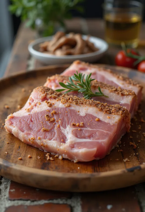 Nasolený vepřový bůček podávaný na dřevěném prkénku