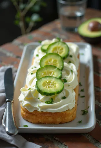 Smörgåstårta vrstvená s avokádem a okurkou, zdobená salátem