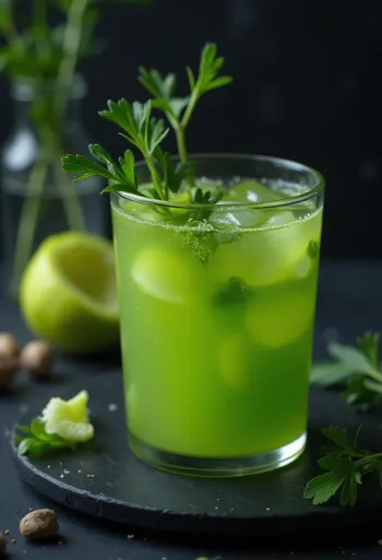 Celerová šťáva ve vysoké sklenici, zdobené čerstvými řapíky celeru a ovocem