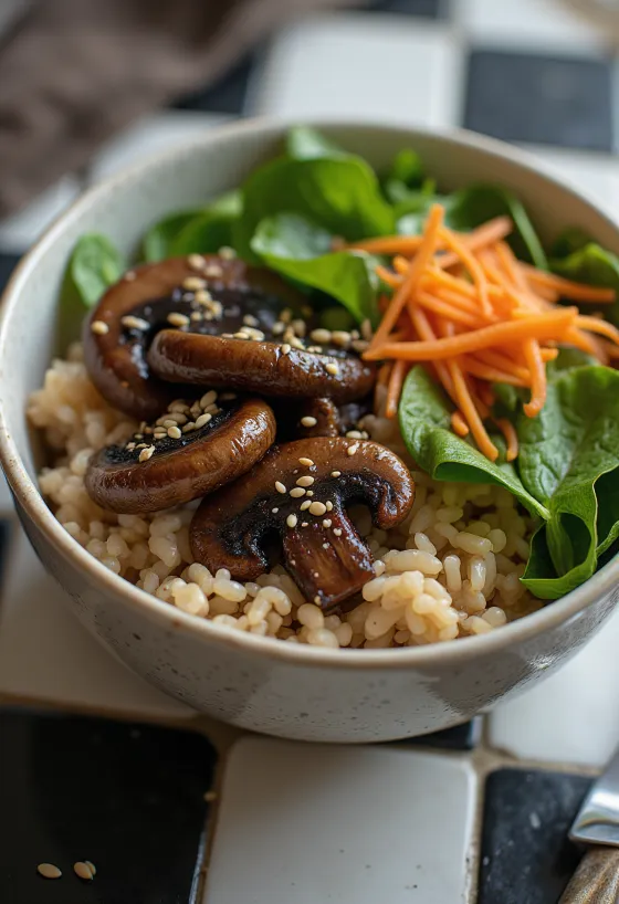 Houbový vegan Buddha bowl podávaný na talíři