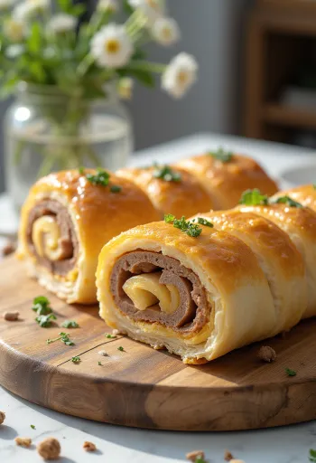 Dozlatova upečená masová roláda, podávaná s čerstvým salátem.