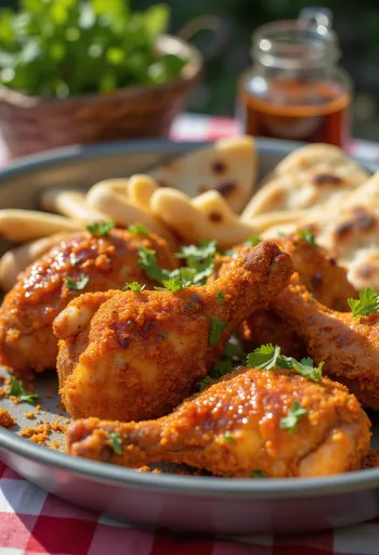 Lahori chargha kořeněné kuře podávané s chlebem naan, zdobené koriandrem