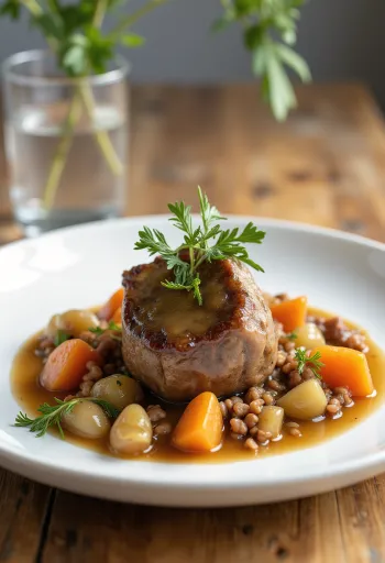 Osso Buco podávané se zeleninovým ragú, s bohatými chutěmi