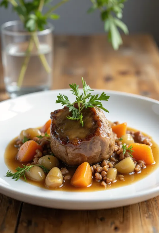 Osso Buco podávané se zeleninovým ragú, s bohatými chutěmi
