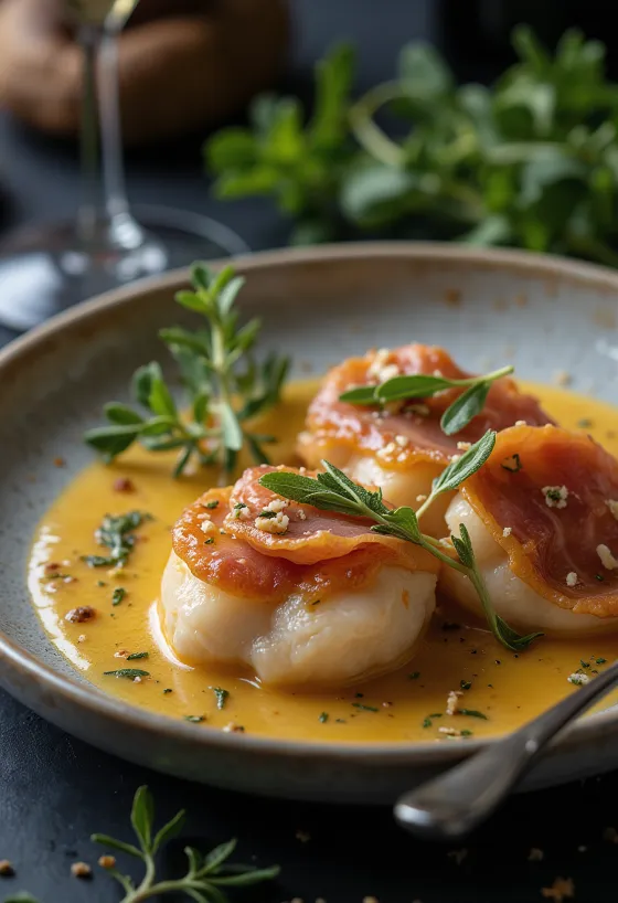 Saltimbocca alla Romana servírovaná s omáčkou