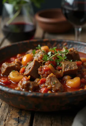 Stifado, řecké hovězí ragú podávané na talíři