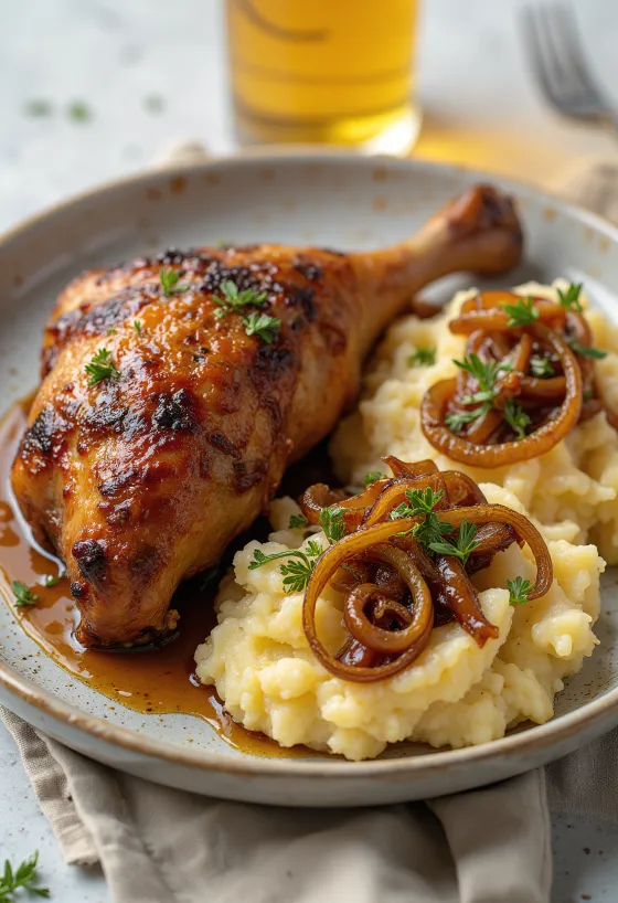 Pečená kachna s cibulovou bramborovou kaší podávaná na talíři