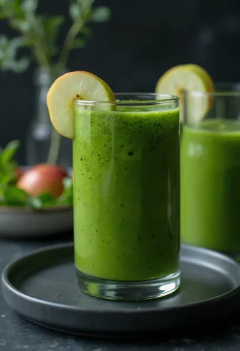 Zelené smoothie ve vysoké sklenici, zdobené čerstvou zeleninou a ovocem