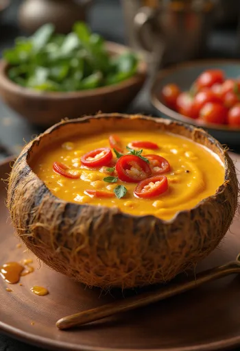 Pikantní kokosová omáčka s chilli v misce, s čerstvým koriandrem a plátky chilli.