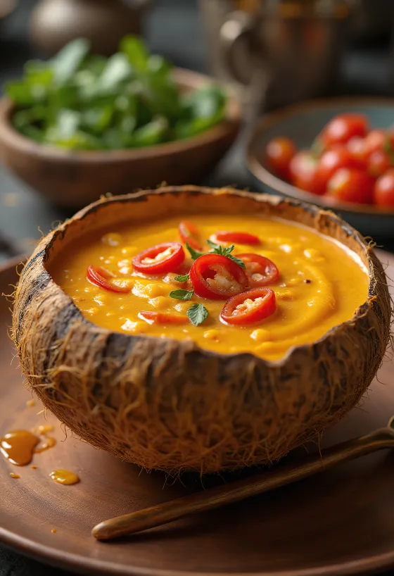 Pikantní kokosová omáčka s chilli v misce, s čerstvým koriandrem a plátky chilli.