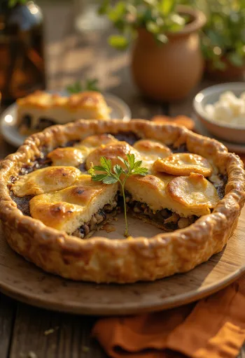 Krémový houbový veganský koláč nakrájený na řezy