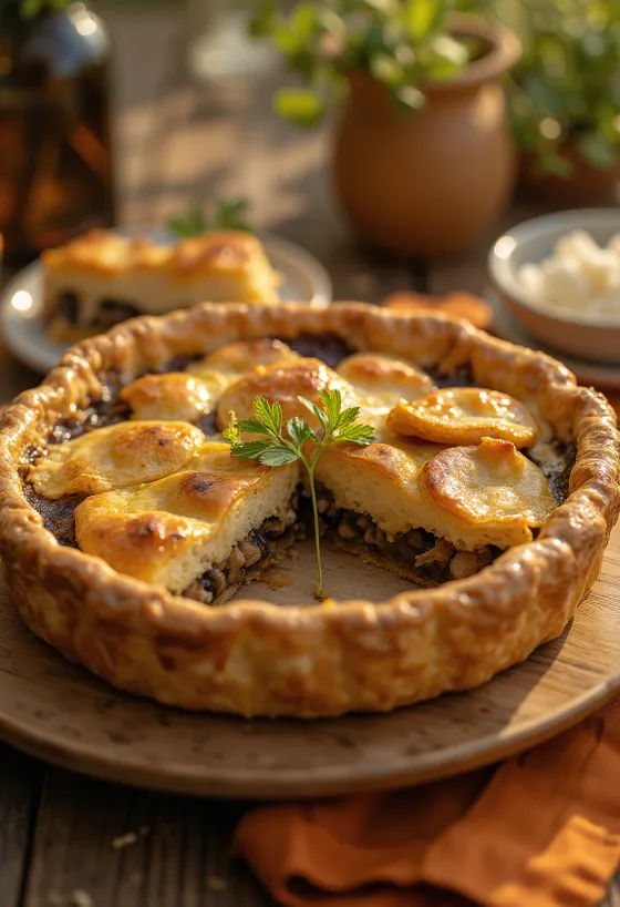 Krémový houbový veganský koláč nakrájený na řezy