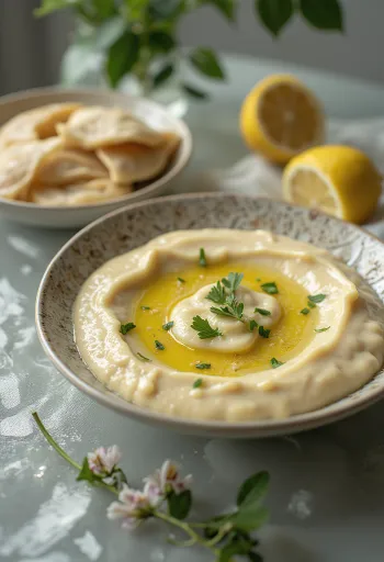 Citronová omáčka s tahini servírovaná s pitou a grilovanou zeleninou