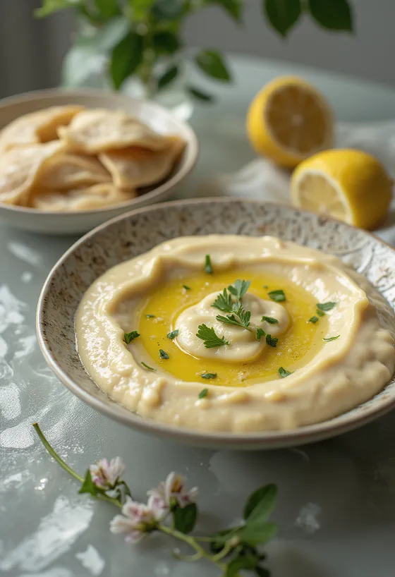 Citronová omáčka s tahini servírovaná s pitou a grilovanou zeleninou