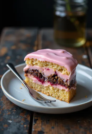 Barevné punčové řezy vrstvené s růžovou polevou a měkkým piškotem.