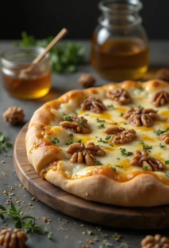 Pizza Quattro Formaggi s vlašskými ořechy při podávání