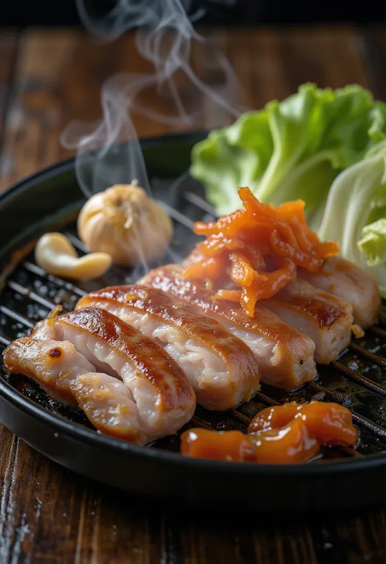 Samgyeopsal podávaný se salátovými listy a kimchi