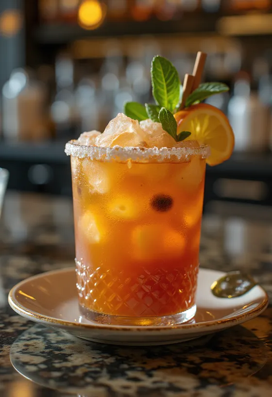 Koktejl Zombie zdobený lístkem máty a plátkem pomeranče