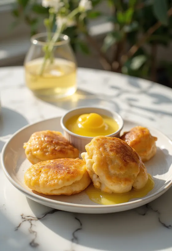 Æbleskiver s citronovým krémem, čerstvé a nadýchané kuličky, zdobené citronovou omáčkou