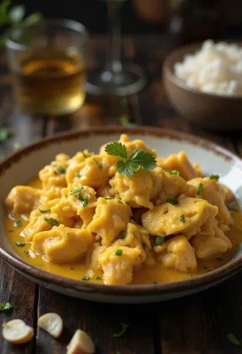 Ají de Gallina s česnekem, podávané se šťavnatým kuřecím masem a bohatou omáčkou.
