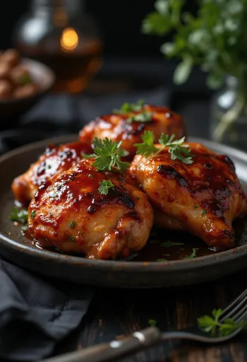 BBQ kuřecí stehna pečená v troubě, podávaná s pečenými bramborami