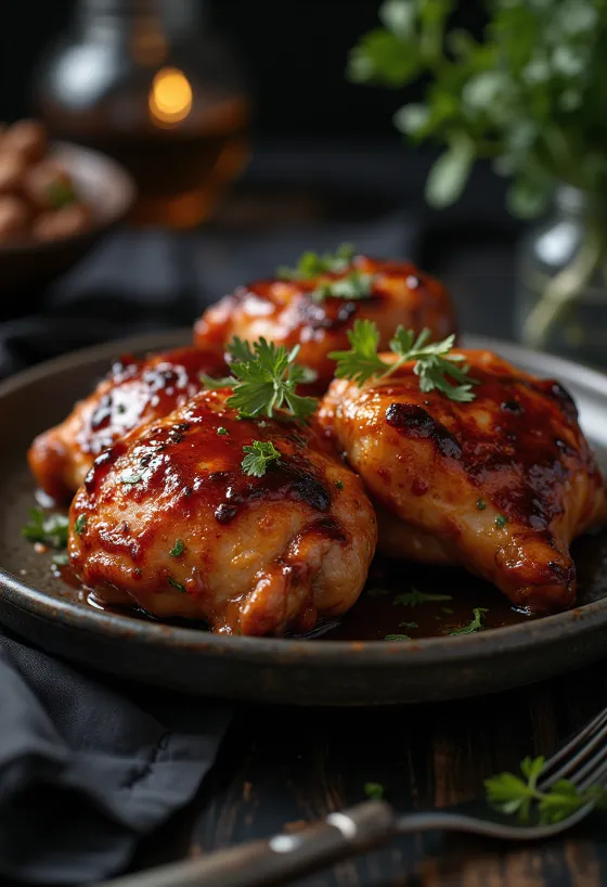 BBQ kuřecí stehna pečená v troubě, podávaná s pečenými bramborami