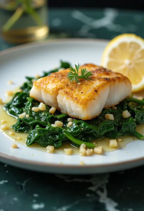 Pečená ryba s česnekovým špenátem podávaná na talíři