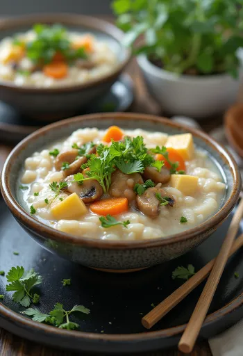 Zeleninové congee servírované s čerstvým koriandrem a kousky tofu
