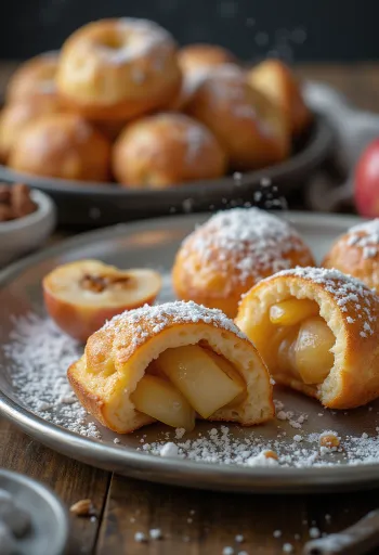 Æbleskiver s jablečno-skořicovou náplní, upečené dozlatova, posypané moučkovým cukrem