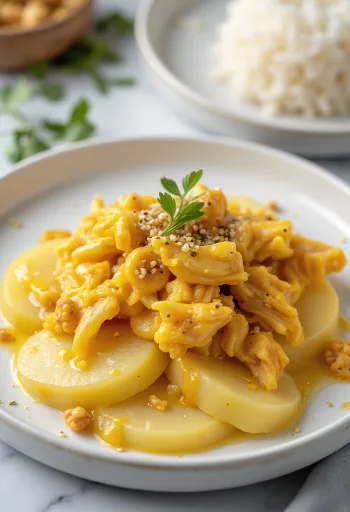 Ají de Gallina bez vajec, kuře s krémovou žlutou omáčkou, podávané s rýží a bramborami