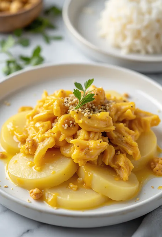 Ají de Gallina bez vajec, kuře s krémovou žlutou omáčkou, podávané s rýží a bramborami