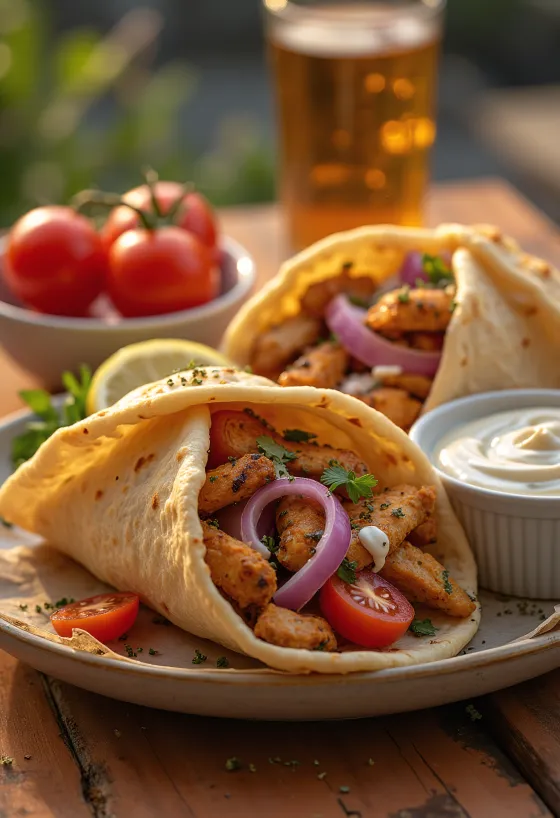 Čerstvě upečené maso gyros v pita chlebu, podávané se zeleninou a jogurtovou zálivkou.