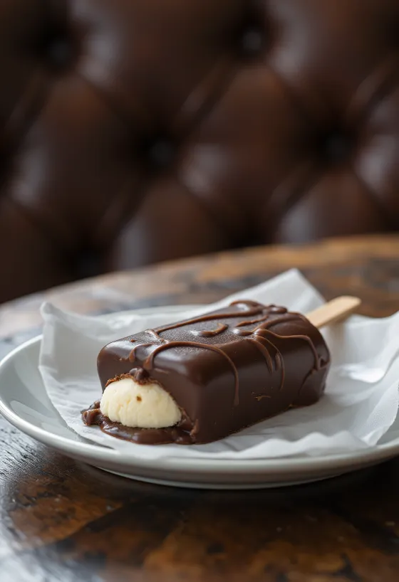 Domácí nanuk Magnum Classic, servírovaný s křupavou čokoládovou polevou a rustikálním pozadím