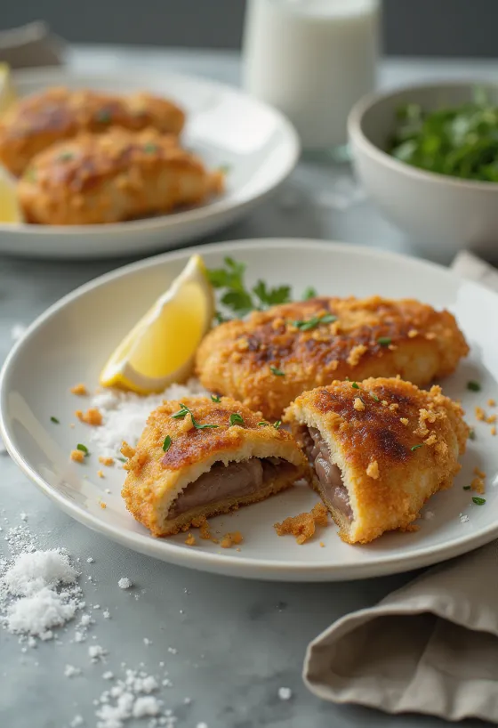 Křupavá smažená vepřová játra dozlatova, podávaná s čerstvým salátem.