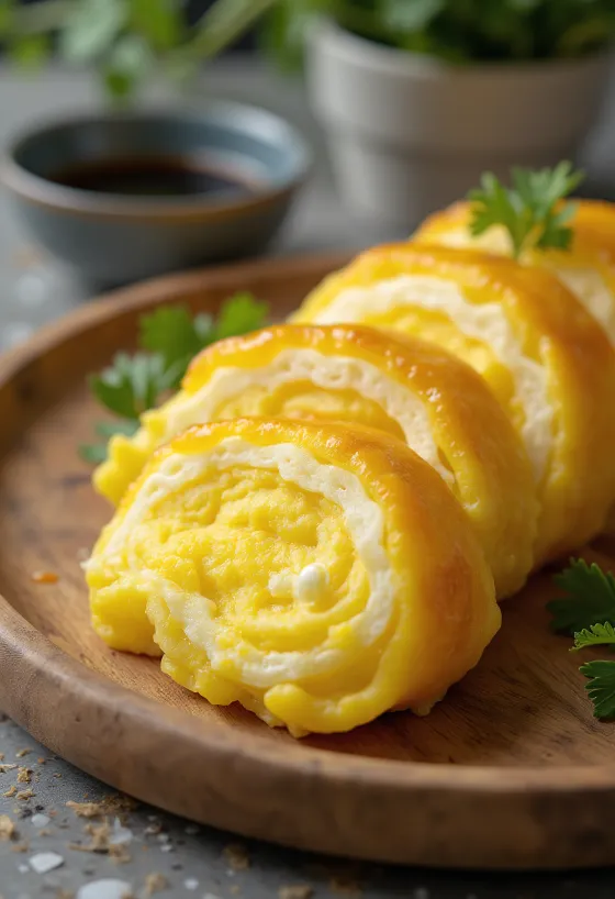 Plátky dashimaki tamago, podávané se sójovou omáčkou a mirinem