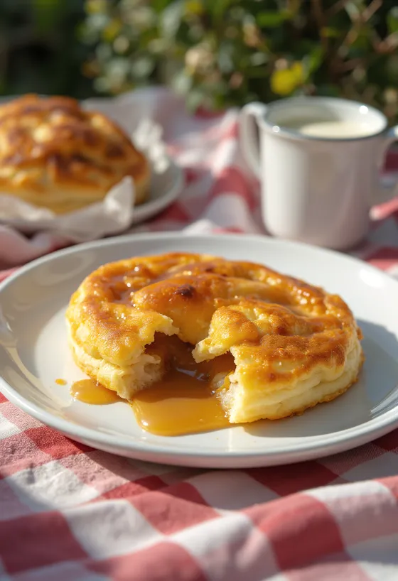 Æbleskiver plněné karamelovým krémem, upečené dozlatova, posypané moučkovým cukrem