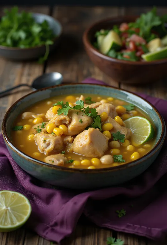 Caldillo s kuřecím masem, servírované s čerstvým koriandrem