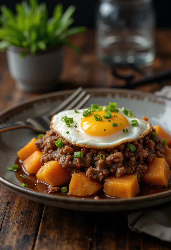 Loco Moco podávané se sladkými bramborami