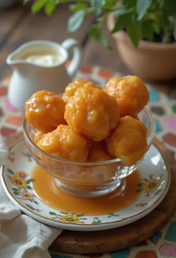 Loukoumades s karamelovou polevou, pečené dozlatova, přelité karamelovou omáčkou, servírovaná na talíři