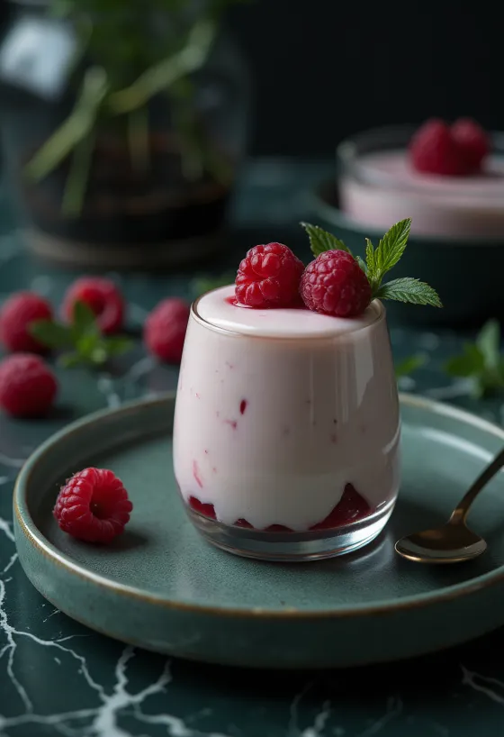 Malinová panna cotta zdobená čerstvým bobulovým ovocem a malinovou omáčkou