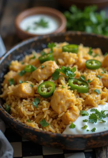 Morog polao s kuřecím masem, podávané se zeleným chilli, koriandrem a citronem