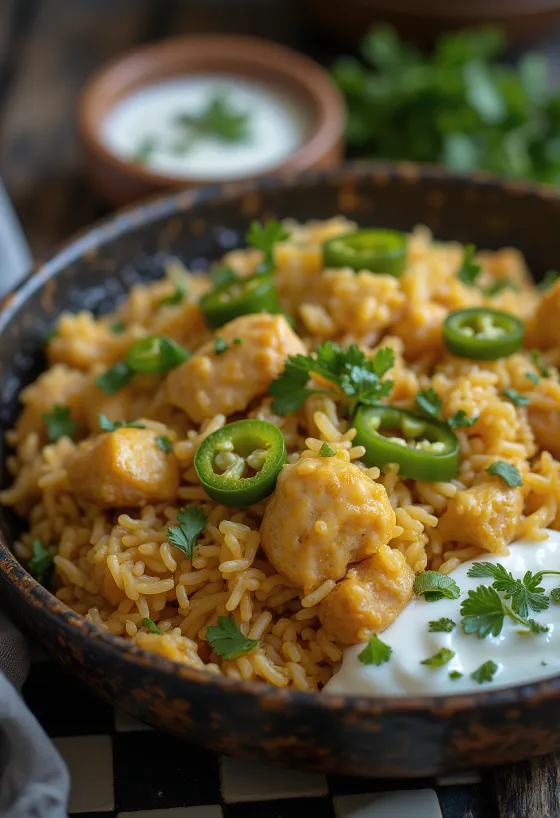 Morog polao s kuřecím masem, podávané se zeleným chilli, koriandrem a citronem