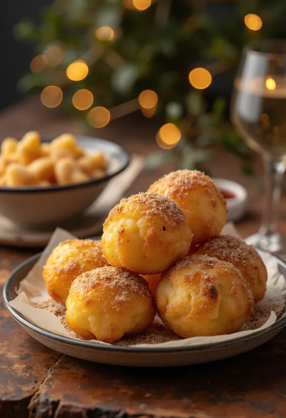 Zeppole se skořicovým cukrem, upečené dozlatova, v prachu