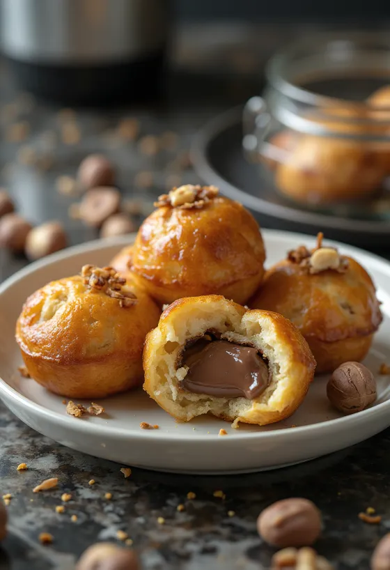Æbleskiver plněné Nutellou, upečené dozlatova, posypané moučkovým cukrem