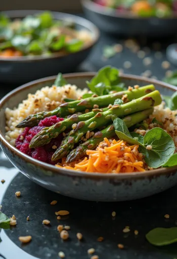 Buddha bowl s grilovaným chřestem podávaná na talíři