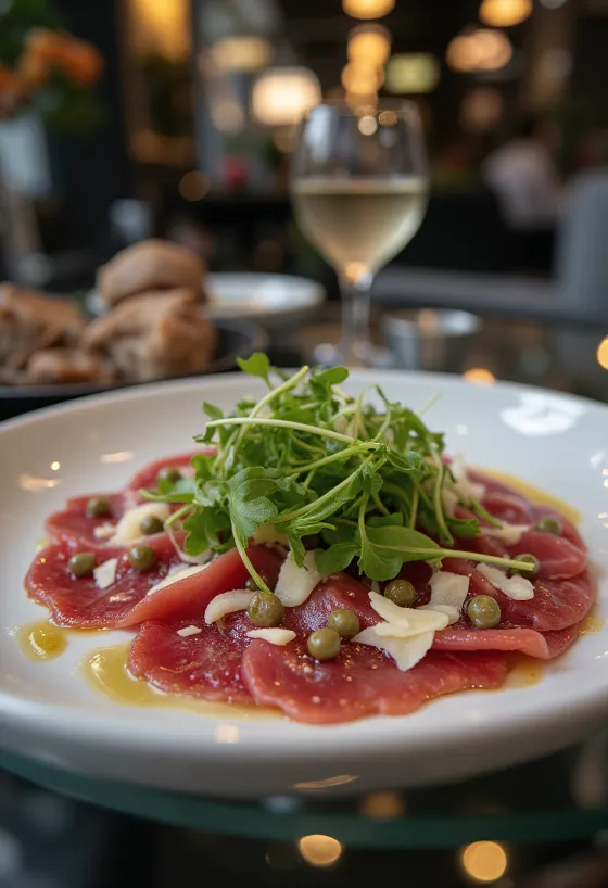 Carpaccio z koňského masa podávané s rukolou, parmezánem a kapary.