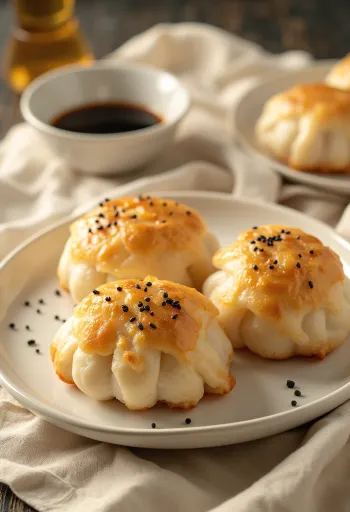 Čínské smažené baozi s křupavým spodkem, servírované na talíři