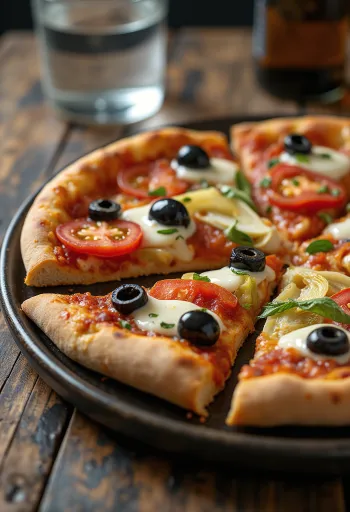 Pizza Mediterranea s olivami, rajčaty a artyčoky