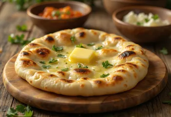 Roghni naan s máslem, čerstvě servírovaný