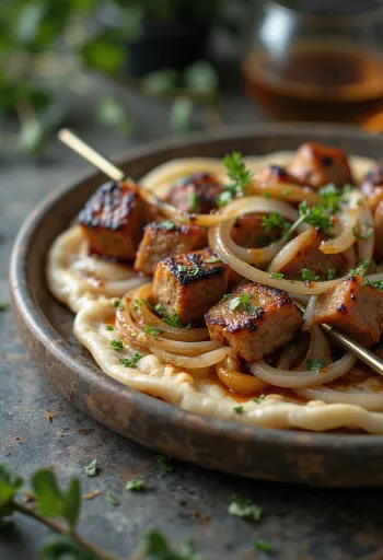 Šašliky podávané s grilovanou zeleninou